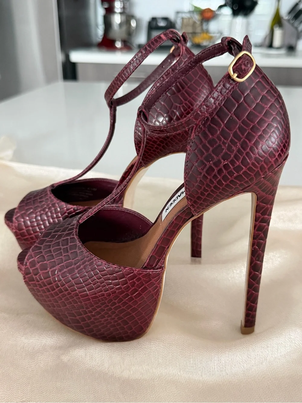 Steve Madden Wine Croc-Embossed T-Strap Heels